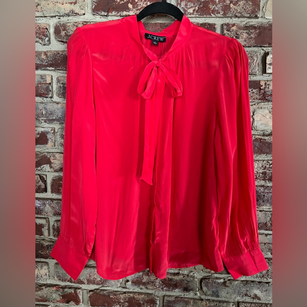 J.Crew Coral Pink Tie Neck Blouse ✨ NWT Silky Candy Apple Top Size 8